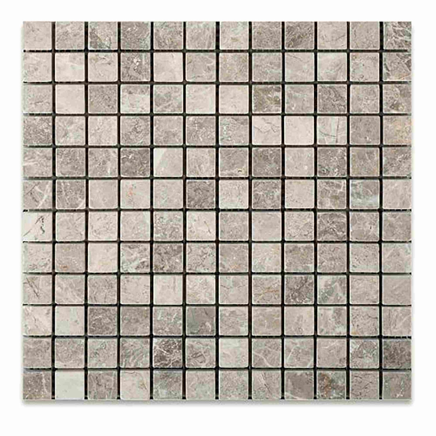 Silver Travertine Tumbled Square Mosaic Tile 1x1"