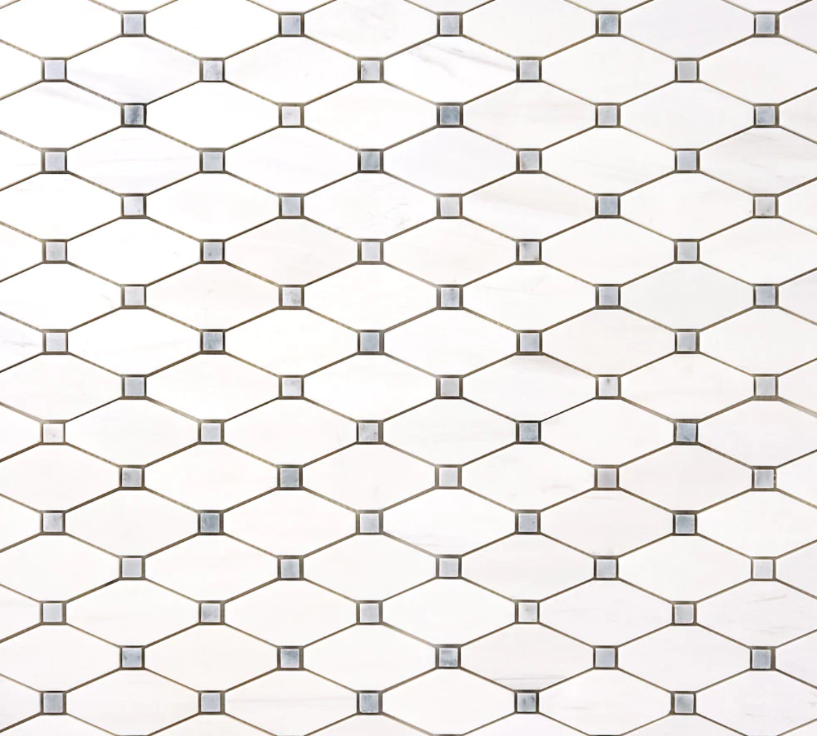 Bianco Dolomite Octave w/Blue - Gray Dots Mosaic Tile
