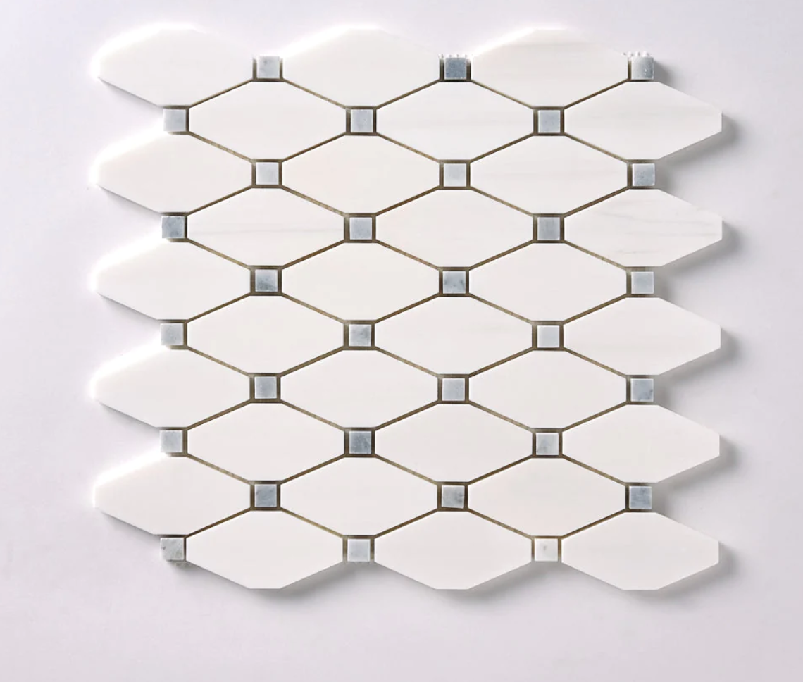 Bianco Dolomite Octave w/Blue - Gray Dots Mosaic Tile