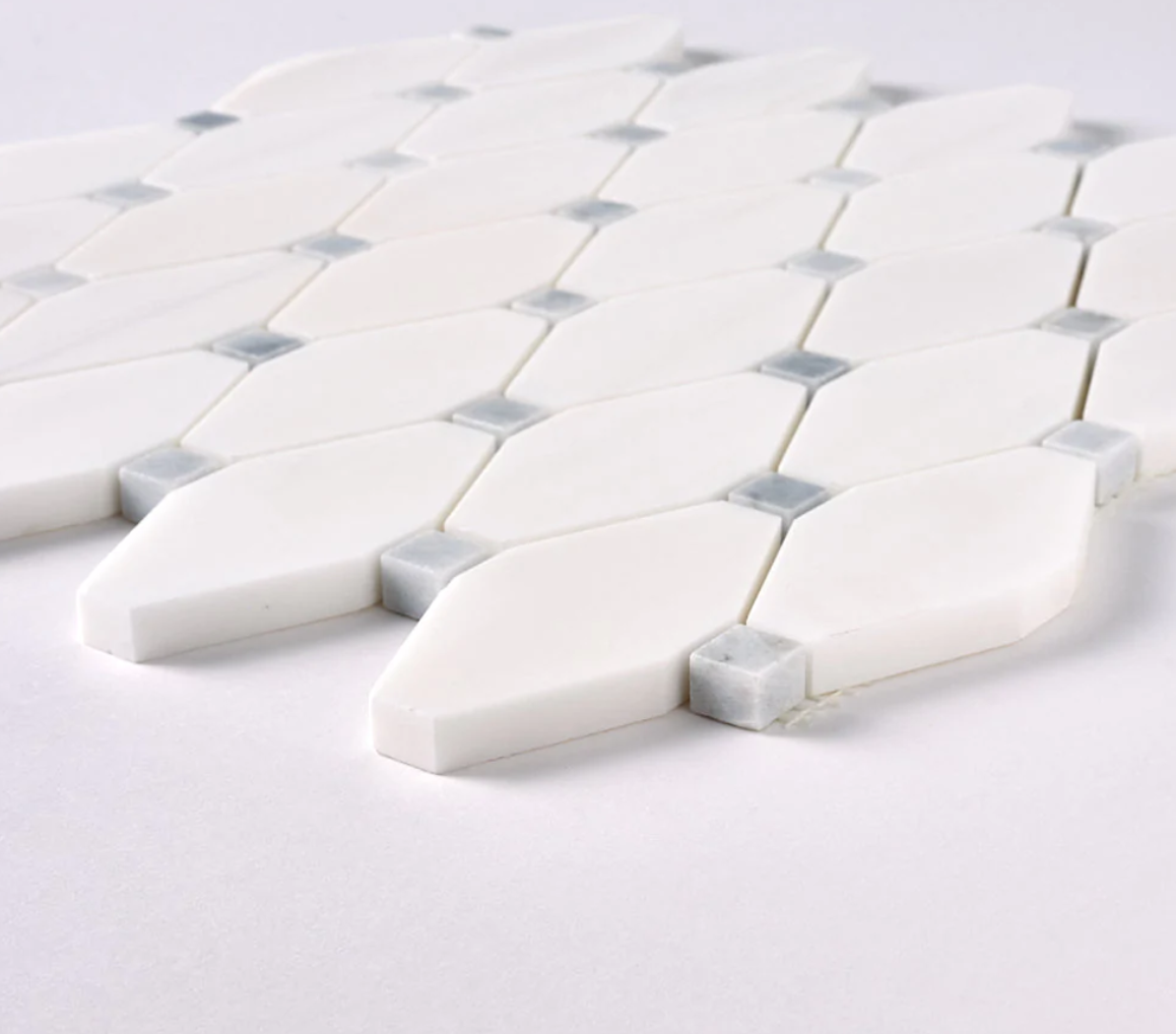 Bianco Dolomite Octave w/Blue - Gray Dots Mosaic Tile