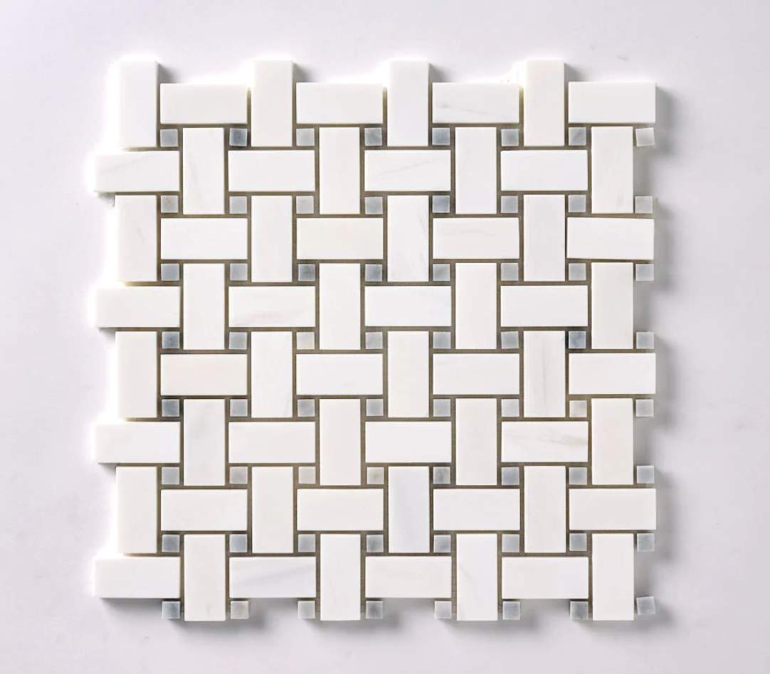 Bianco Dolomite Basketweave w/ Blue - Gray Dots Mosaic Tile
