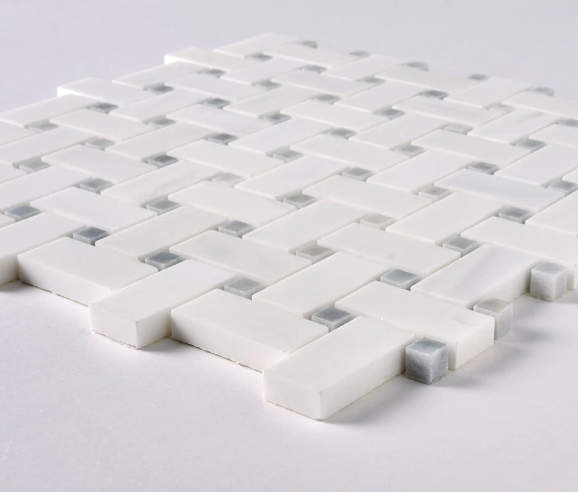 Bianco Dolomite Basketweave w/ Blue - Gray Dots Mosaic Tile