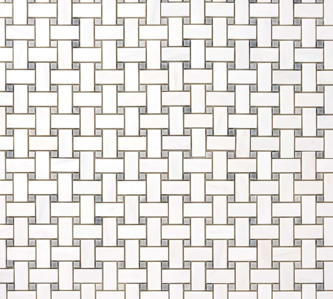 Bianco Dolomite Basketweave w/ Blue - Gray Dots Mosaic Tile