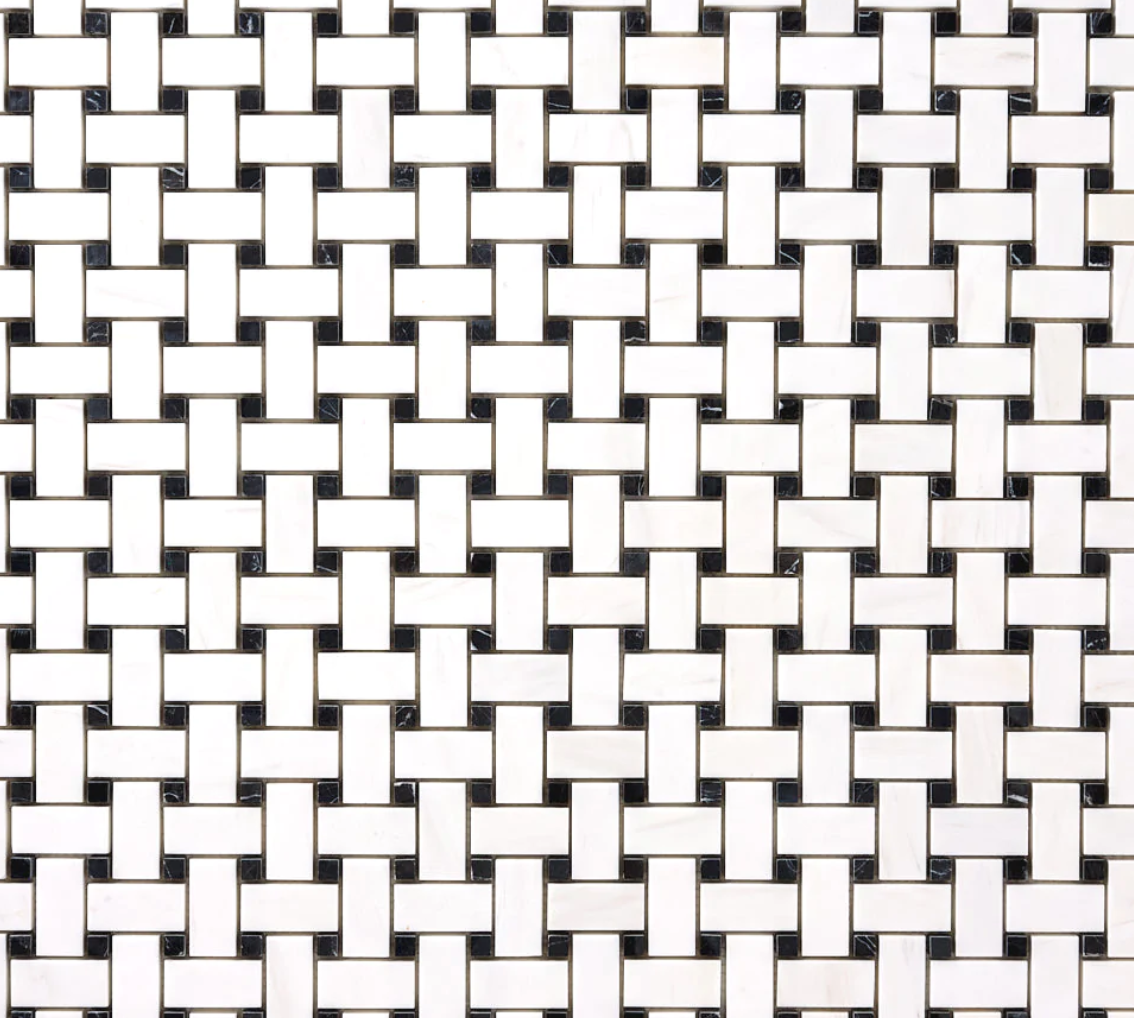 Azulejo de mosaico octagonal Bianco Dolomite con puntos negros