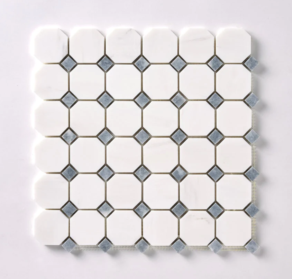Bianco Dolomite Polished Octagon w/ Blue - Gray Dots Mosaic Tile