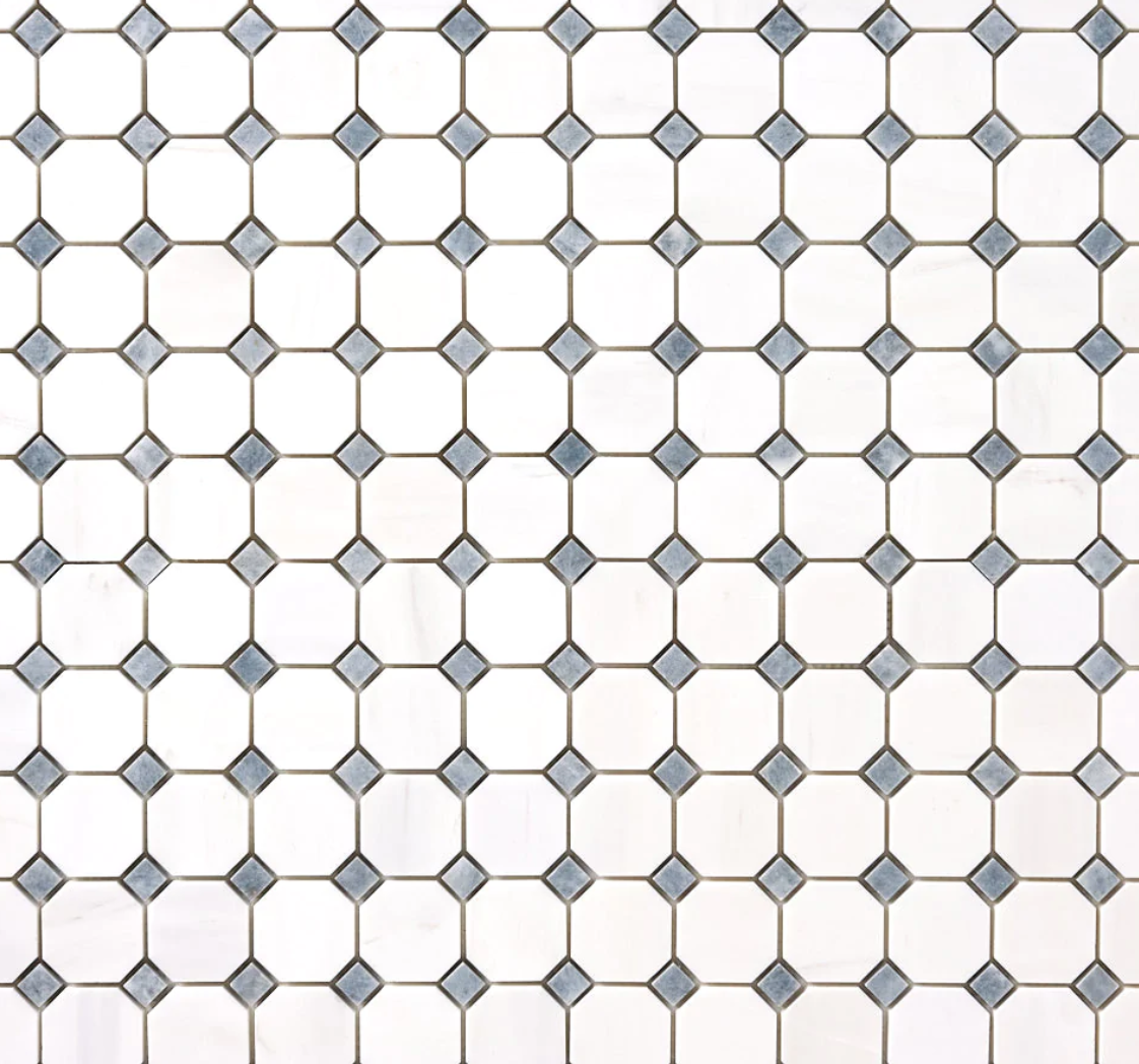 Bianco Dolomite Polished Octagon w/ Blue - Gray Dots Mosaic Tile