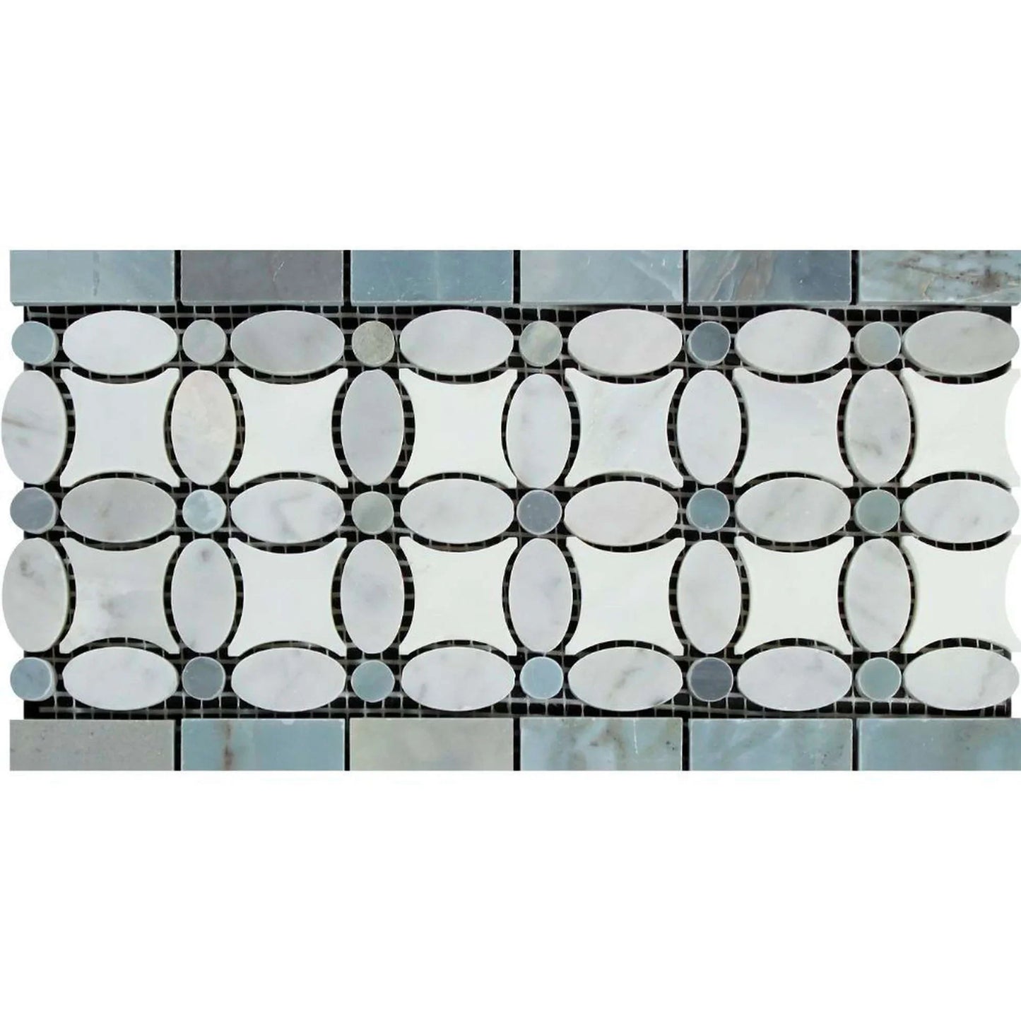 Thassos White Marble Border 5 3/4" x 11 1/4" 3/8 Florida Flower Border (Thassos + White Carrara (Oval) + Blue-Gray (Dots))