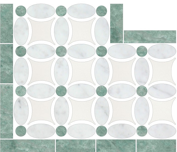 Thassos White Polished Florida Flower w / Ming Green Border Corner