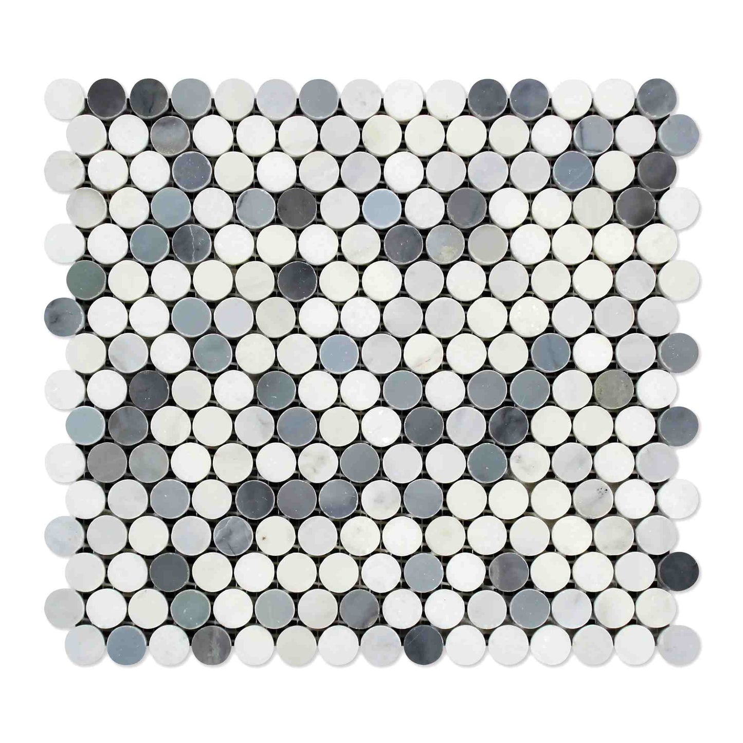Mosaico redondo Thassos White Penny con azul y gris