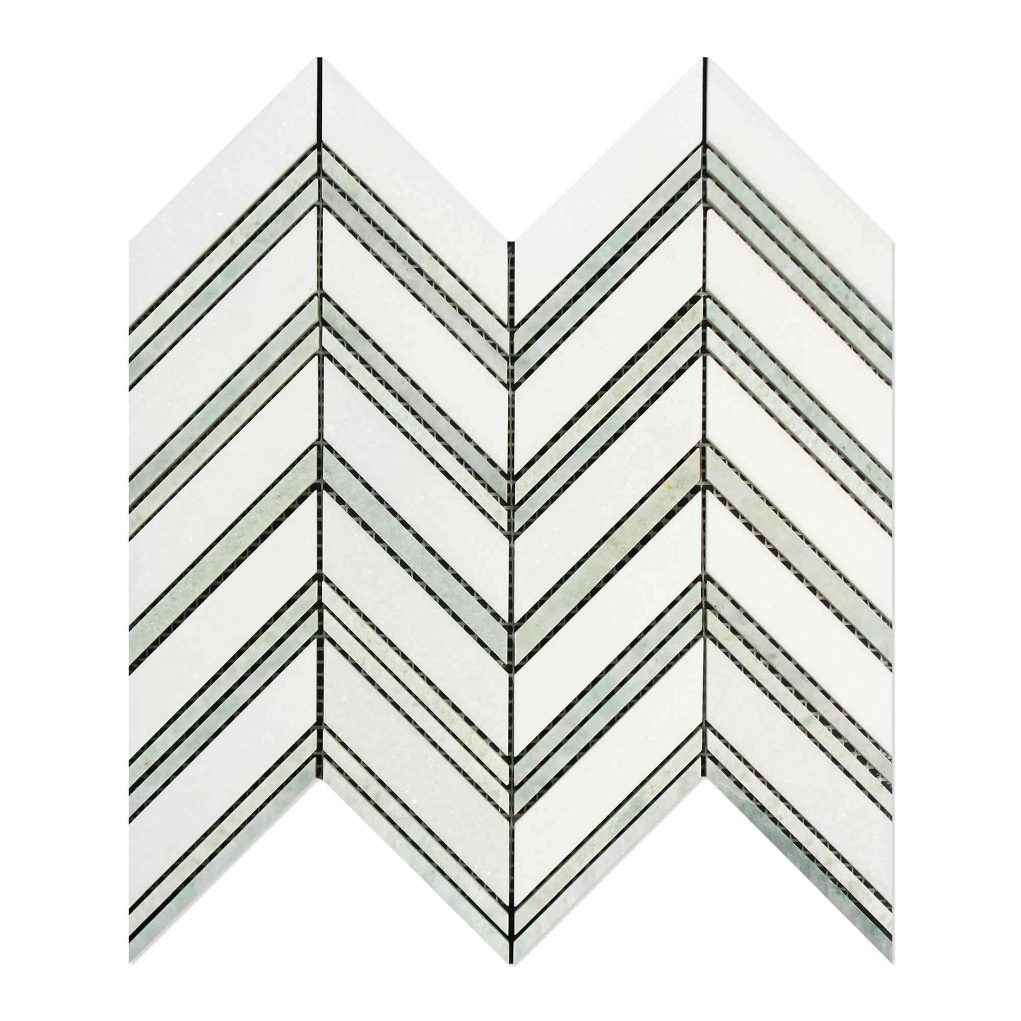 Azulejo de mosaico de mármol blanco Thassos de 3/8 Chevron con verde Ming - Grande