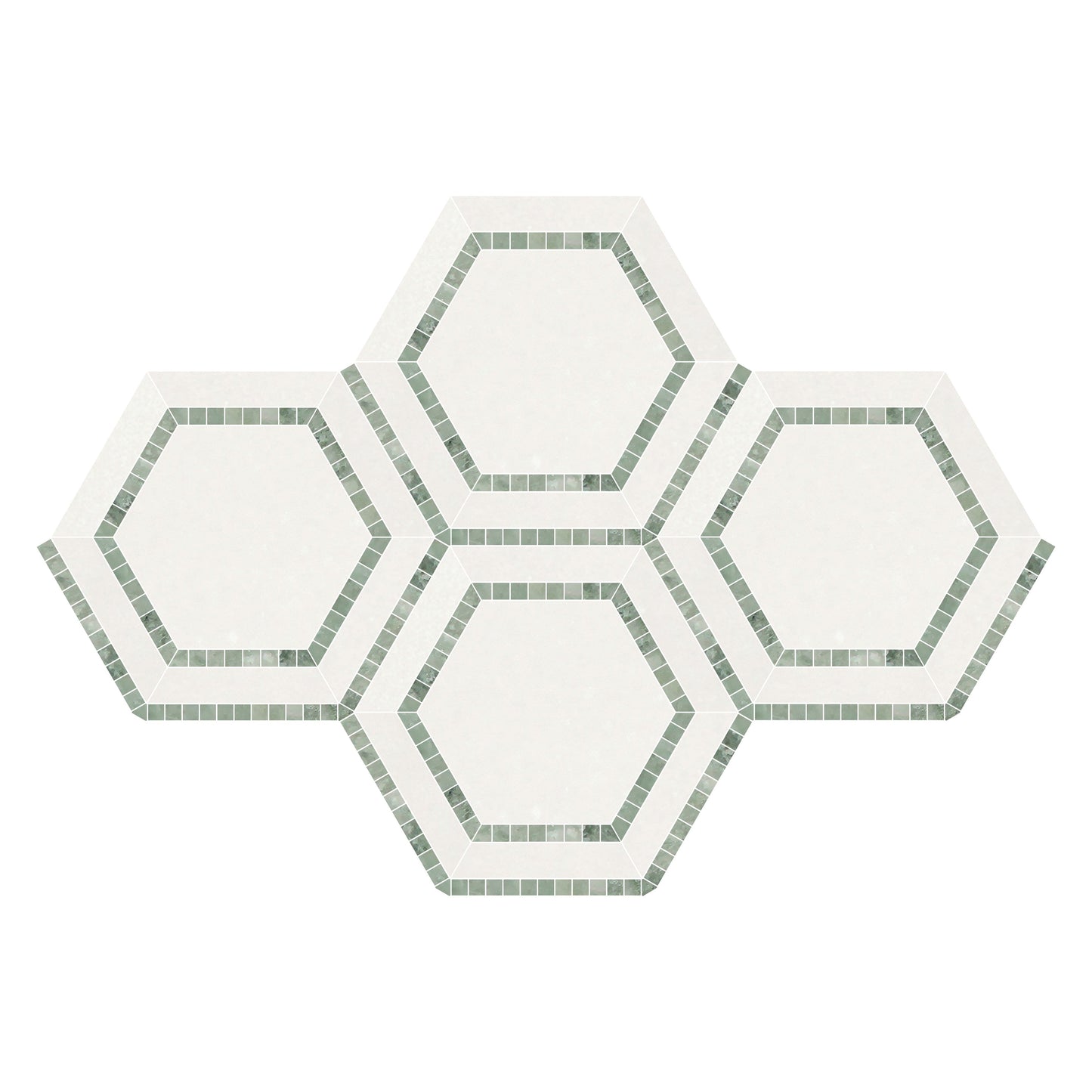 Thassos White Hexagon Combination w/ Ming - Green Mosaic Tile 5x5"