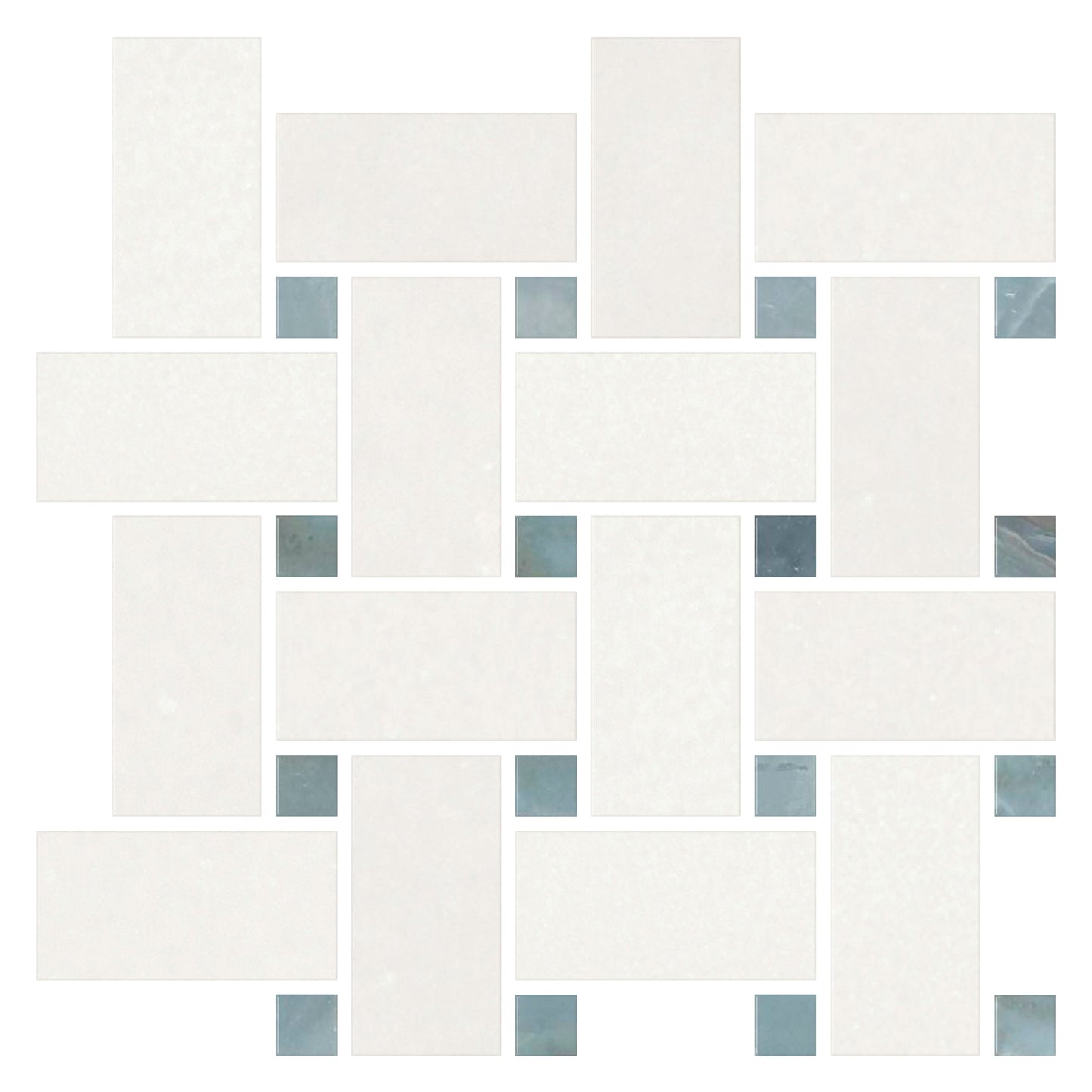 Thassos White Basketweave Blue - Grey Dots Mosaic Tile - Large