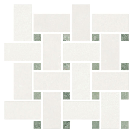 Thassos White Basketweave w/ Ming - Green Mosaic Tile - Large