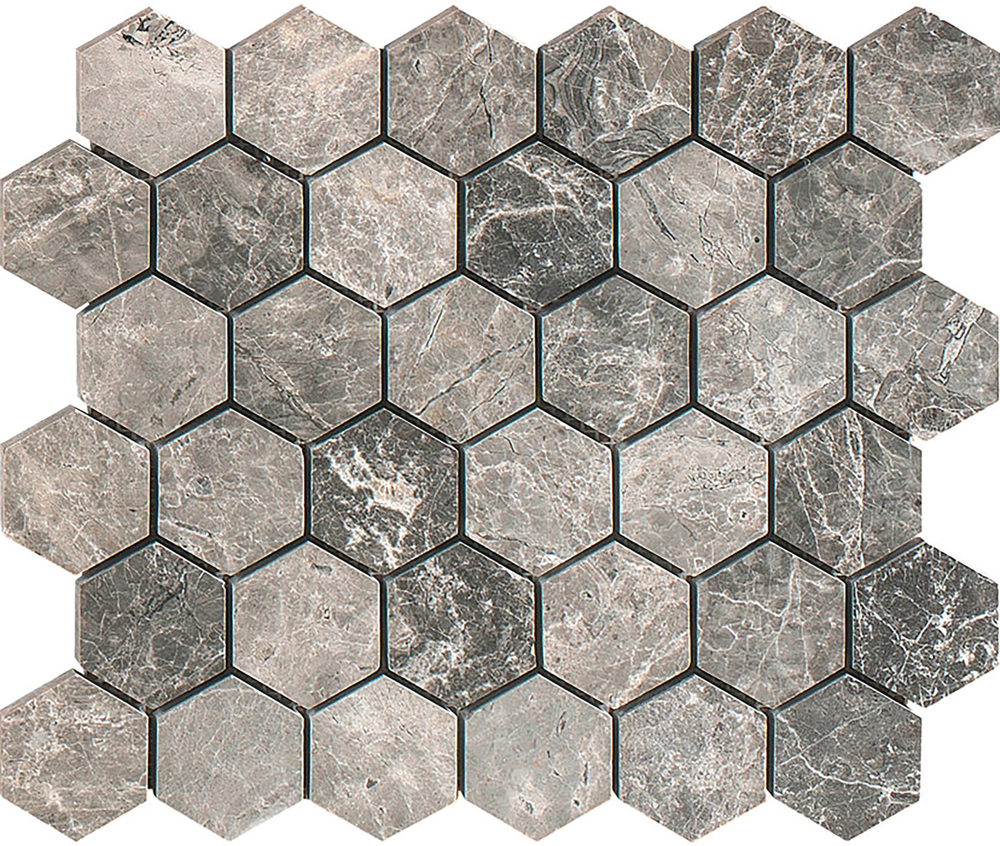 Mosaico hexagonal de mármol gris tundra de 5 x 5 cm