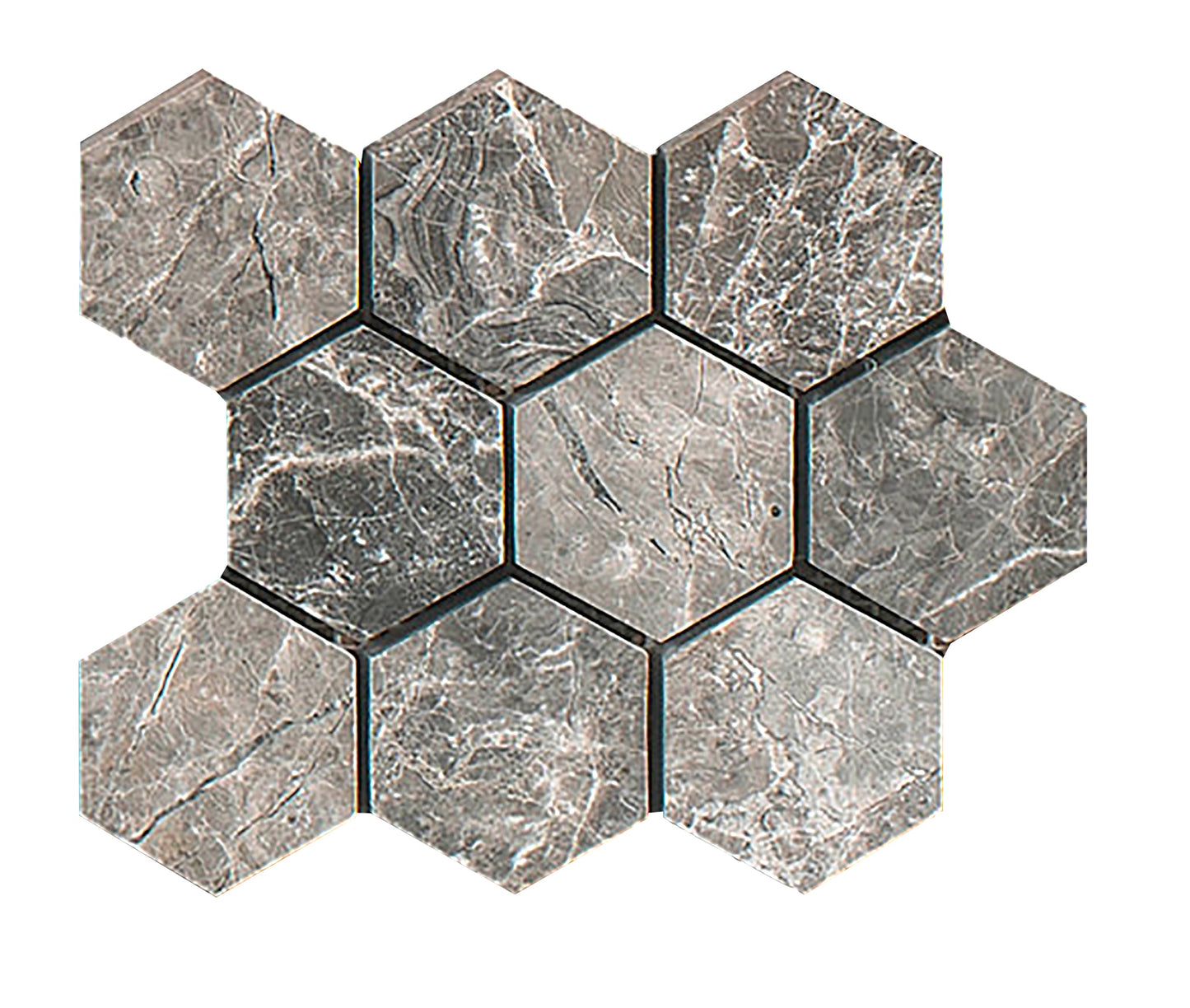 Azulejo de mosaico hexagonal de mármol pulido gris tundra de 4 x 4 pulgadas