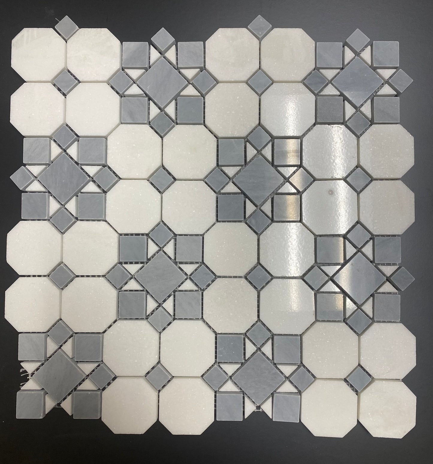 Thassos White Octagon Patio w/ Blue - Grey Mosaic Tile
