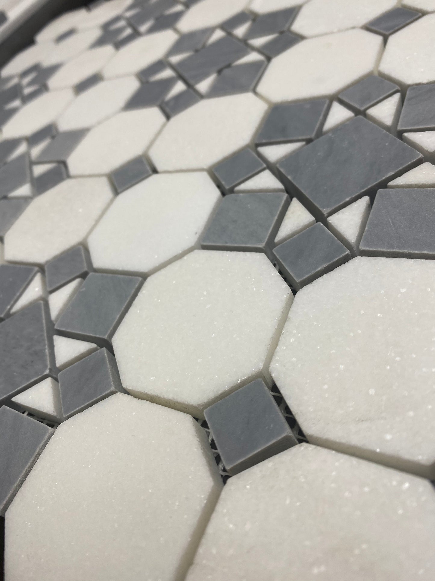 Thassos White Octagon Patio w/ Blue - Grey Mosaic Tile