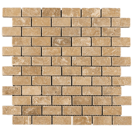 Walnut Travertine Tumbled Brick Mosaic Tile 1x2"