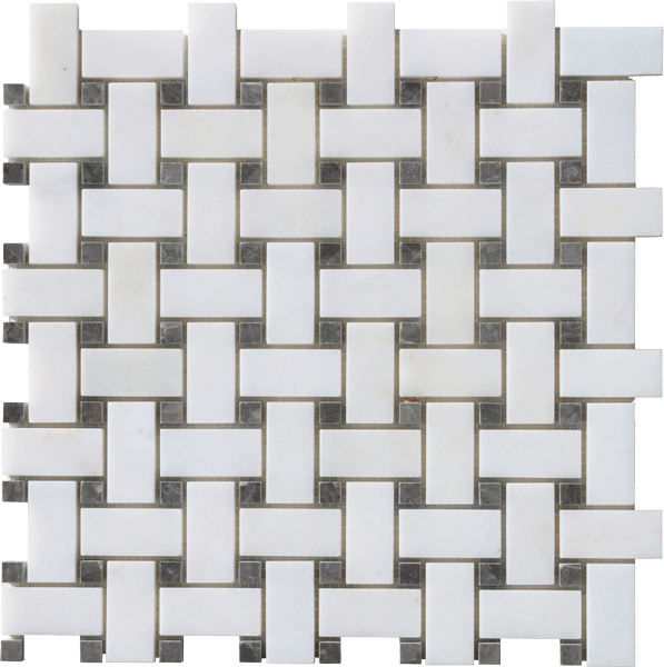 Afyon White Basketweave w/ Black Dots Mosaic Tile