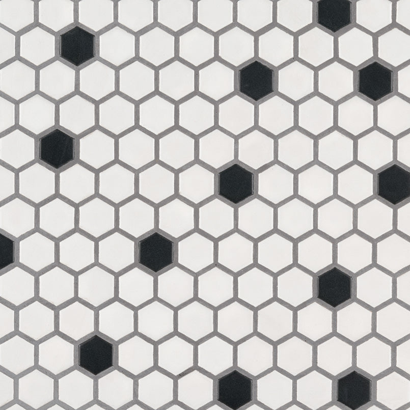 Italian White Hexagon w / Black Dots Matte Honed Backsplash Porcelain Mosaic Tile 1"