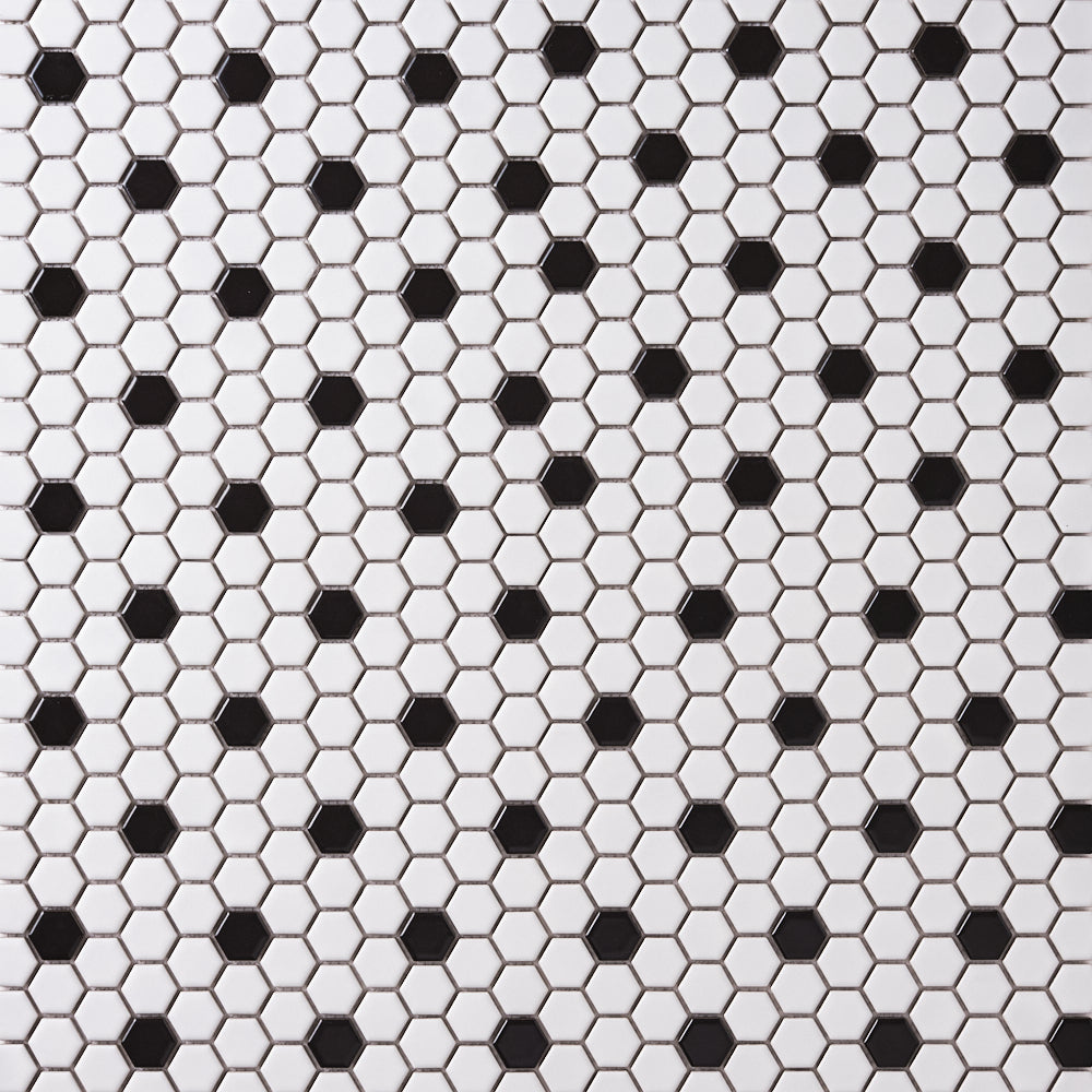 Italian White Hexagon w / Black Dots Matte Honed Backsplash Porcelain Mosaic Tile 1"