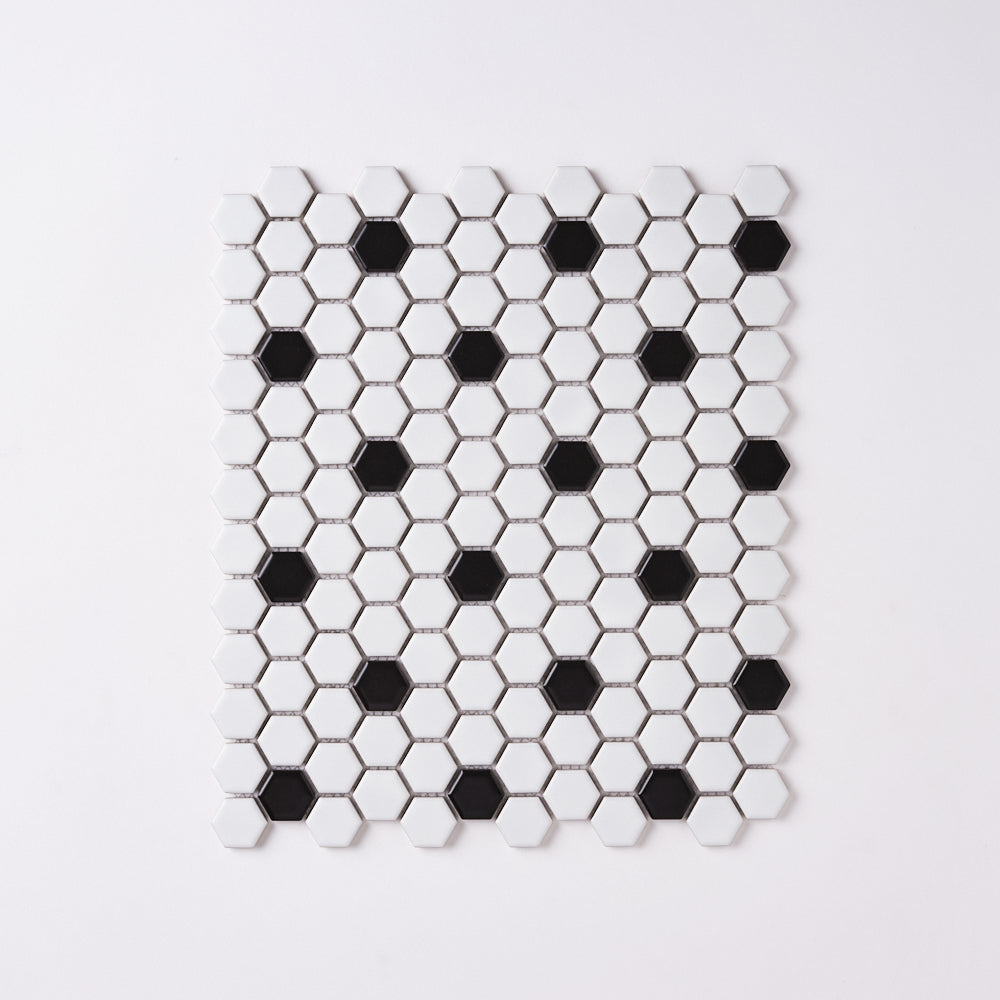 Italian White Hexagon w / Black Dots Matte Honed Backsplash Porcelain Mosaic Tile 1"