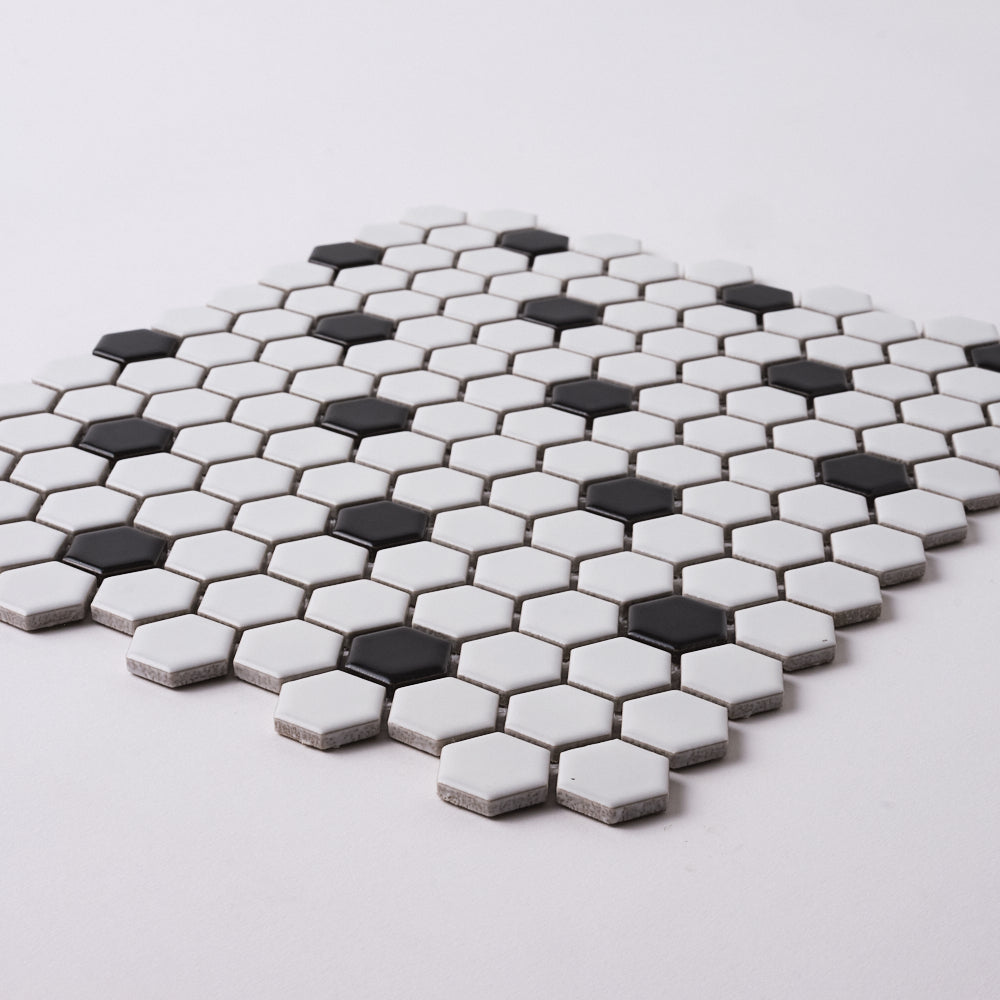 Italian White Hexagon w / Black Dots Matte Honed Backsplash Porcelain Mosaic Tile 1"