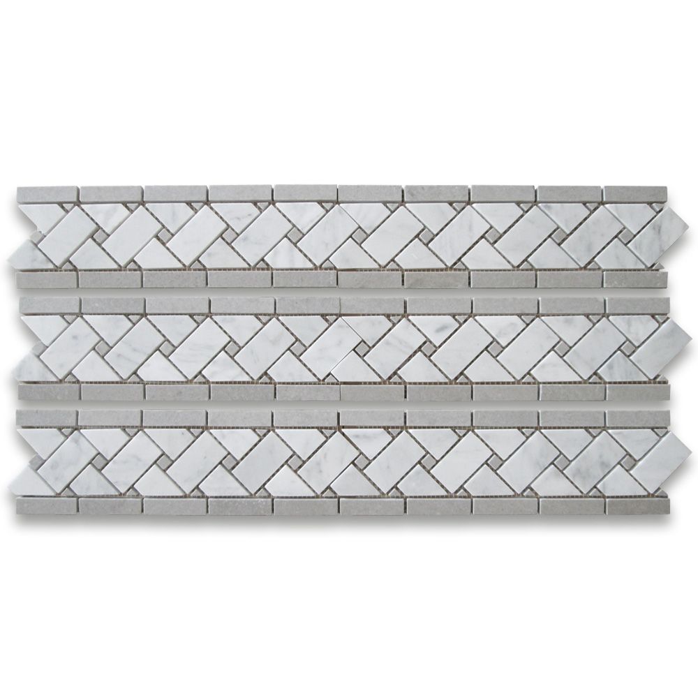 Carrara Italian White Basketweave with Blue & Gray Dots Border Tile 4 3/4" x 12"