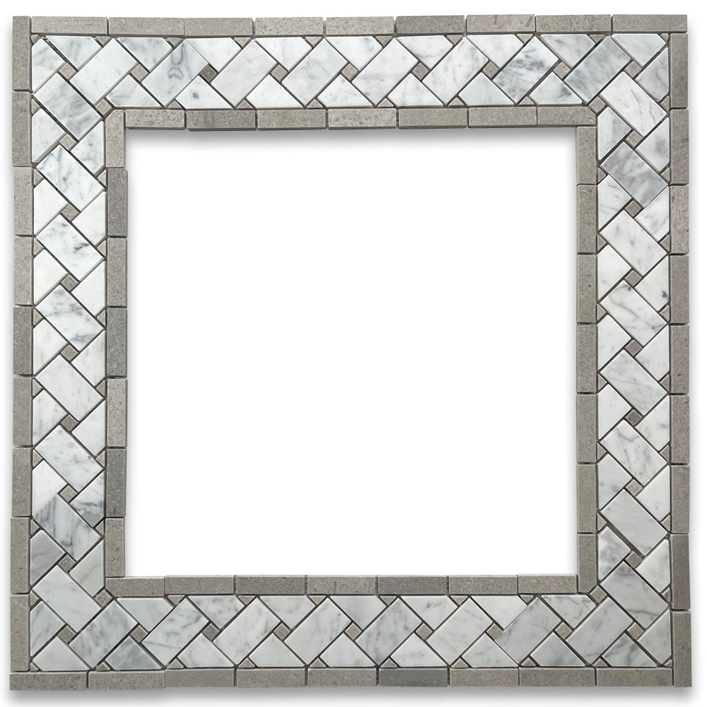Carrara Italian White Basketweave with Blue & Gray Dots Border Tile 4 3/4" x 12"