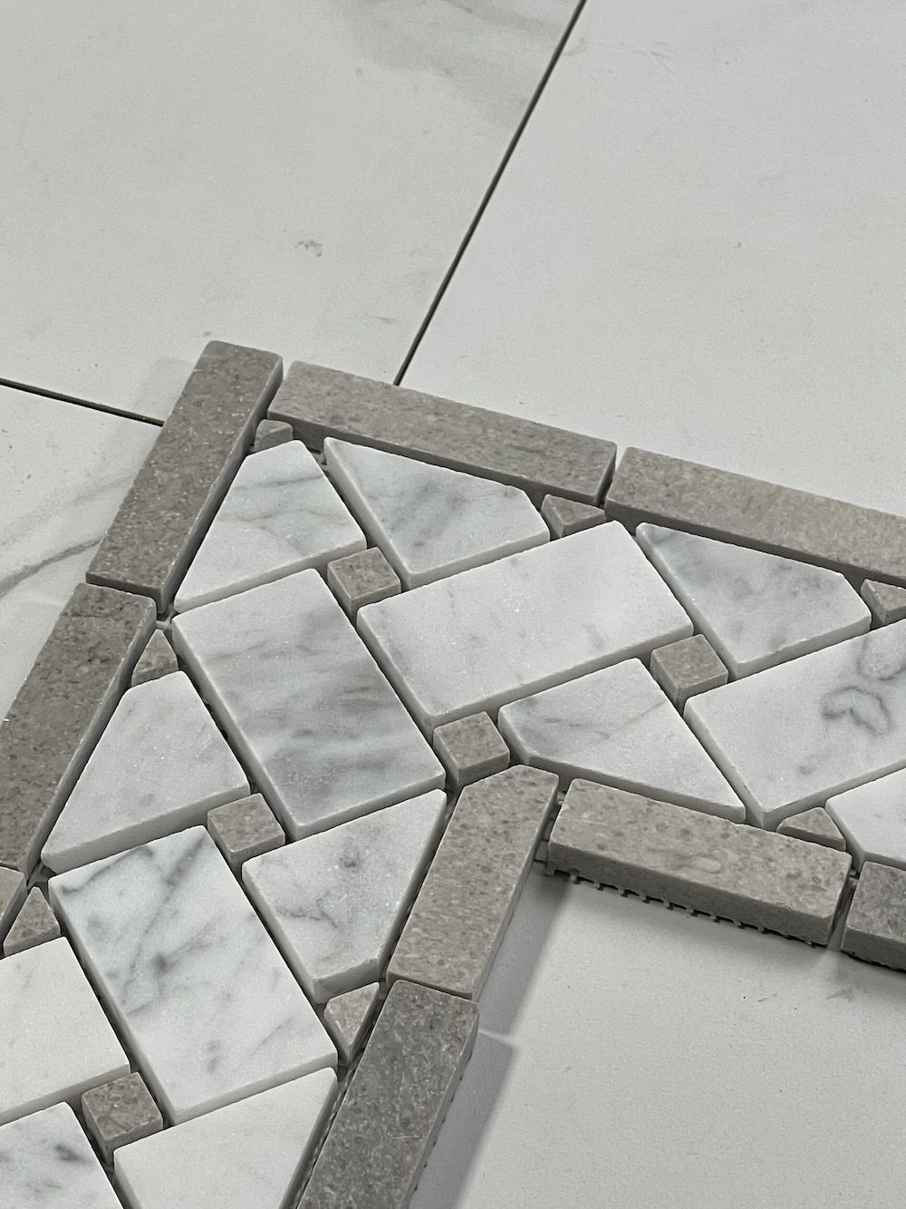 Carrara Italian White Basketweave with Blue & Gray Dots Border Tile 4 3/4" x 12"