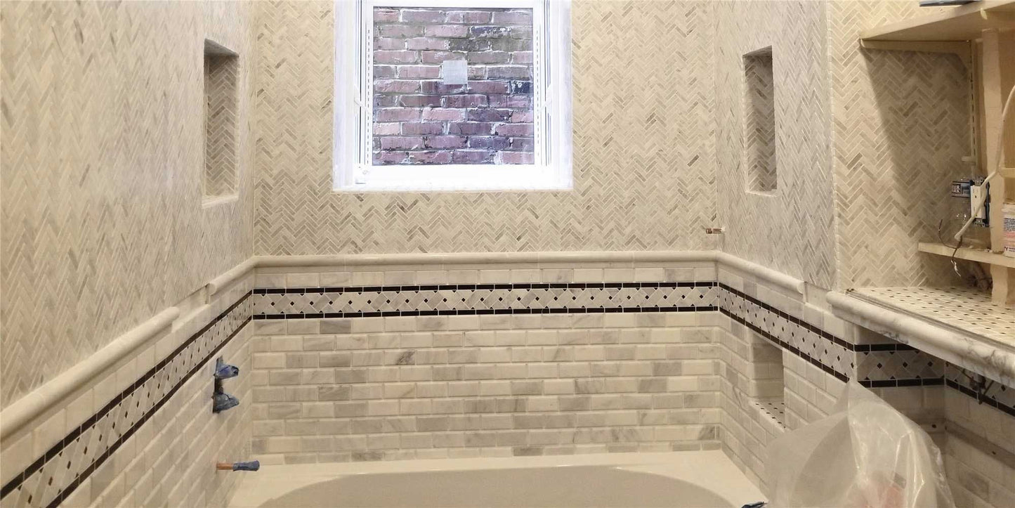 Carrara Italian White Basketweave with Black Dots Border Tile  4 3/4" x 12"