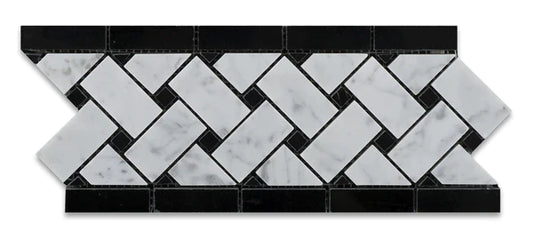 Carrara Italian White Basketweave with Black Dots Border Tile  4 3/4" x 12"