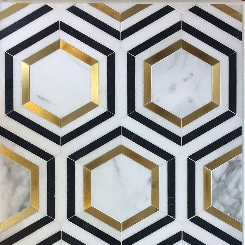 Calacatta Gold Marble Hexagon w/ Black & Brass - Polished Mosaic Tile