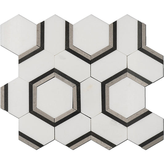 Thassos, Grey & Basalt Hexagon Combo Interlock Marble Polished 10" x 12" 3/8" Waterjet Mosaic
