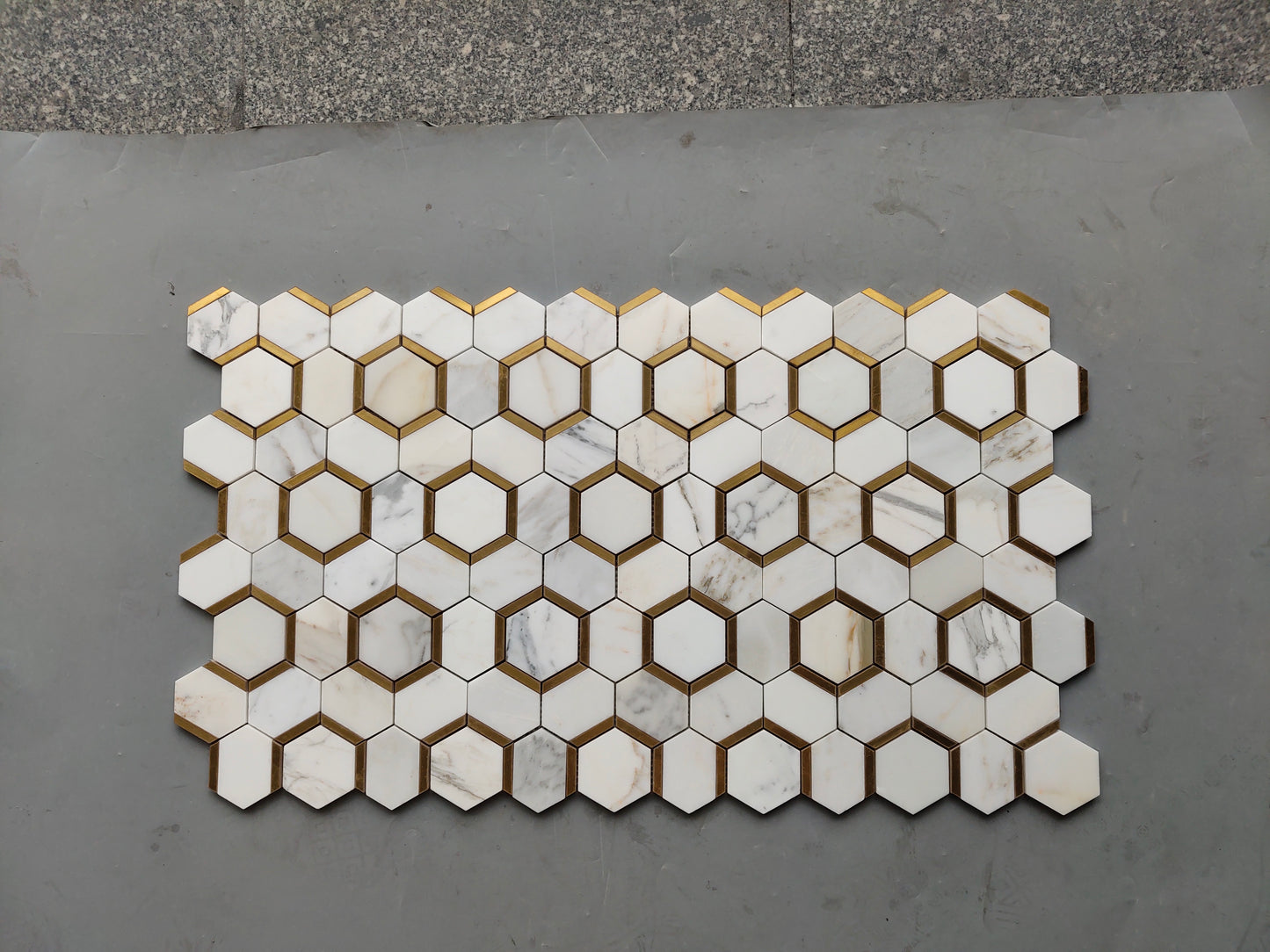 Calacatta Hexagon w/Brass Marble Polished 3" x 3" 3/8" Waterjet Mosaic