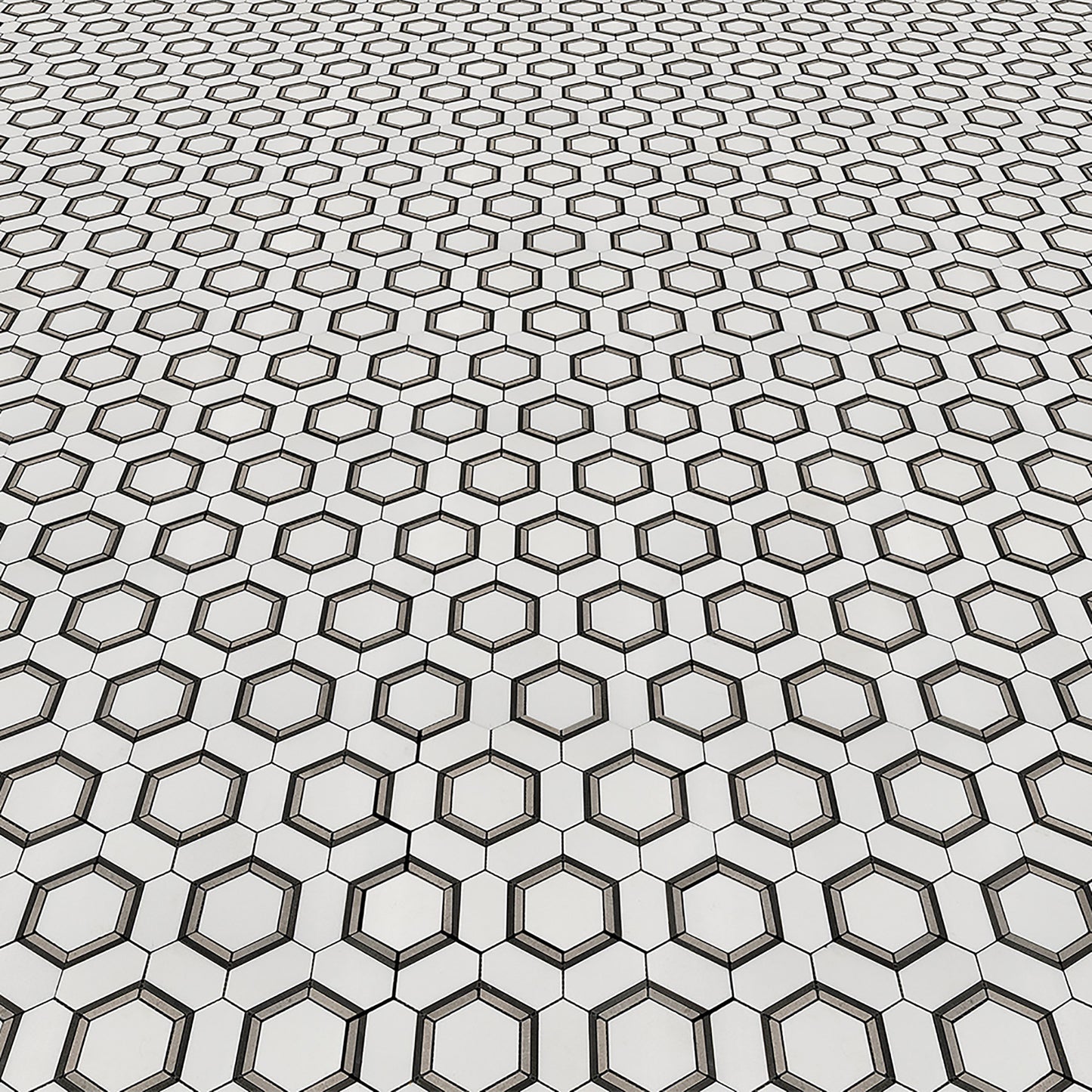 Thassos, Grey & Basalt Hexagon Combo Marble Polished 10" x 12" 3/8" Waterjet Mosaic