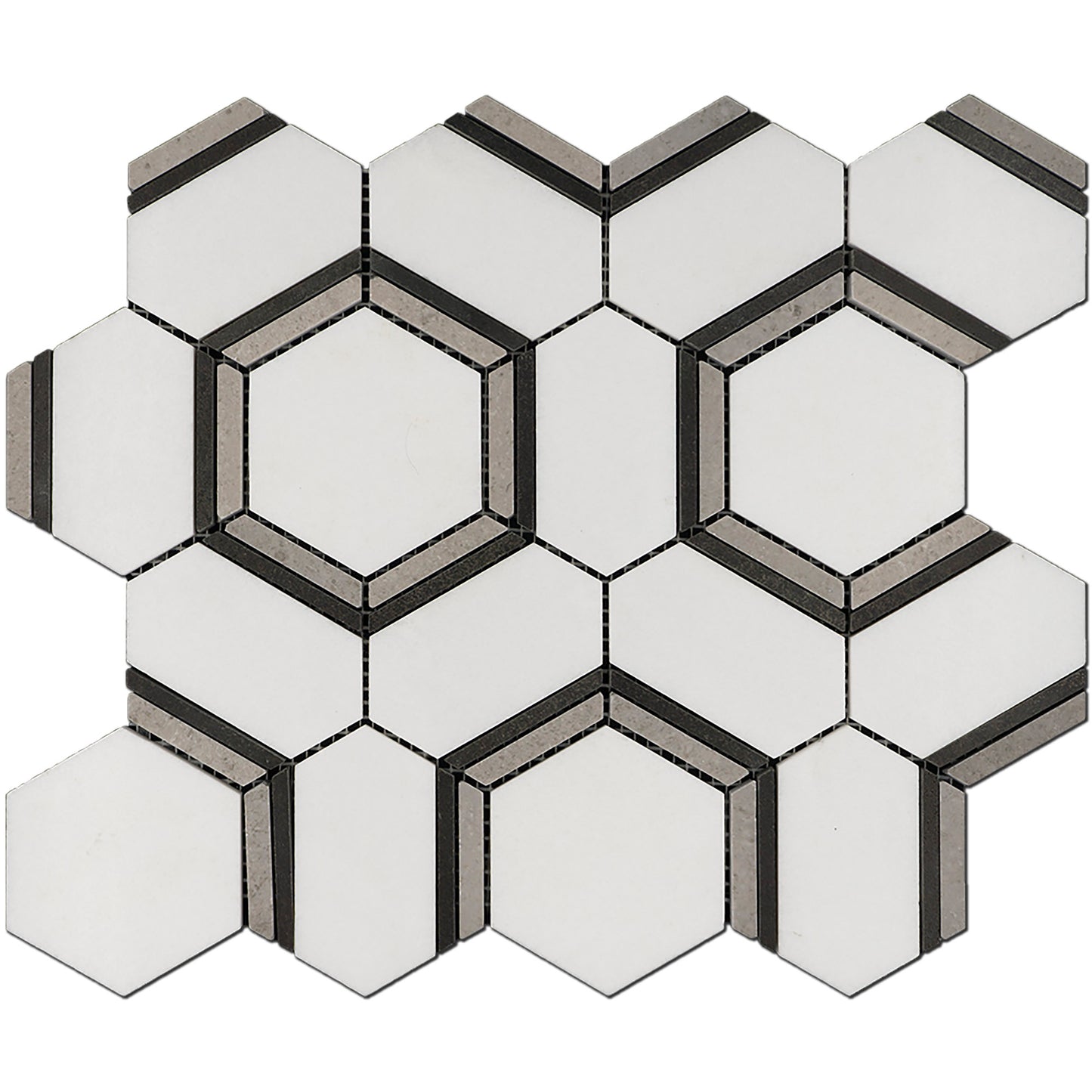 Thassos, Grey & Basalt Hexagon Combo Marble Polished 10" x 12" 3/8" Waterjet Mosaic