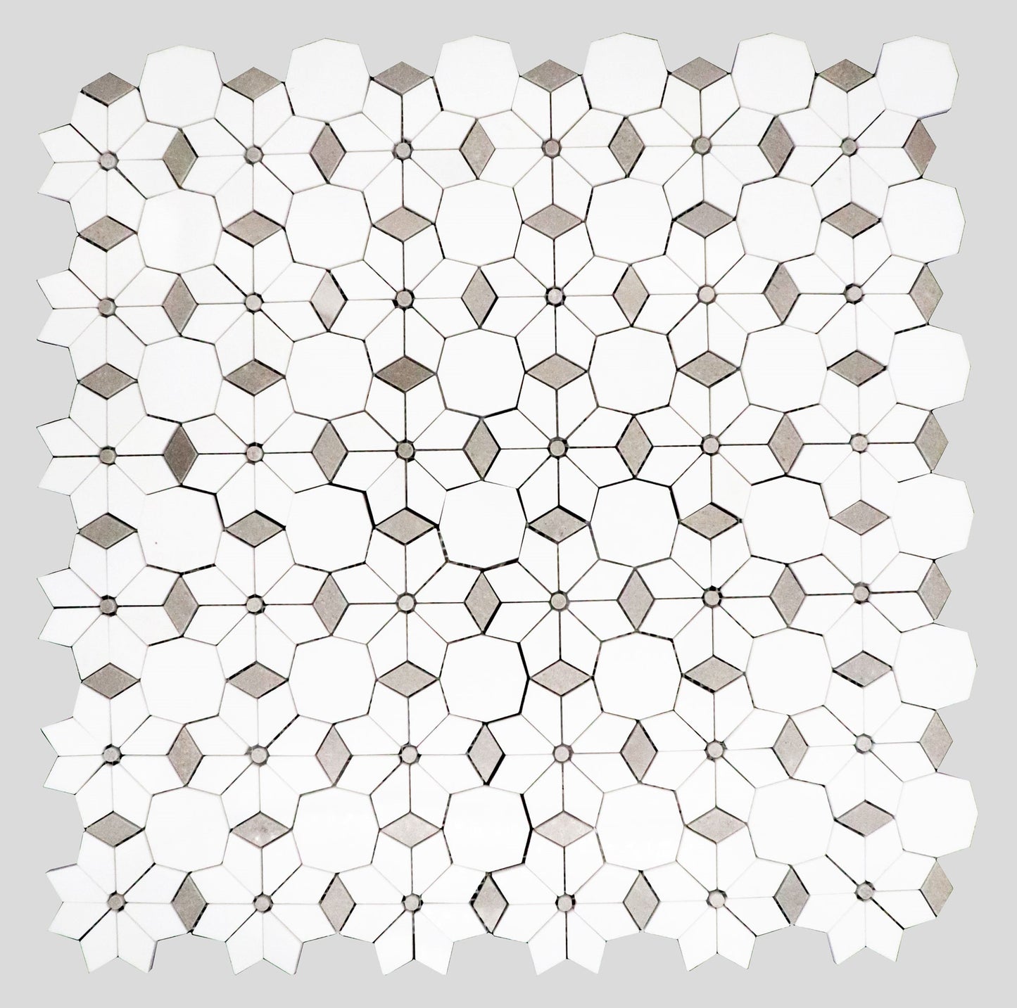 Thassos & Grey Diamond Flower Marble Polished 12" x 12" 3/8" Waterjet Mosaic