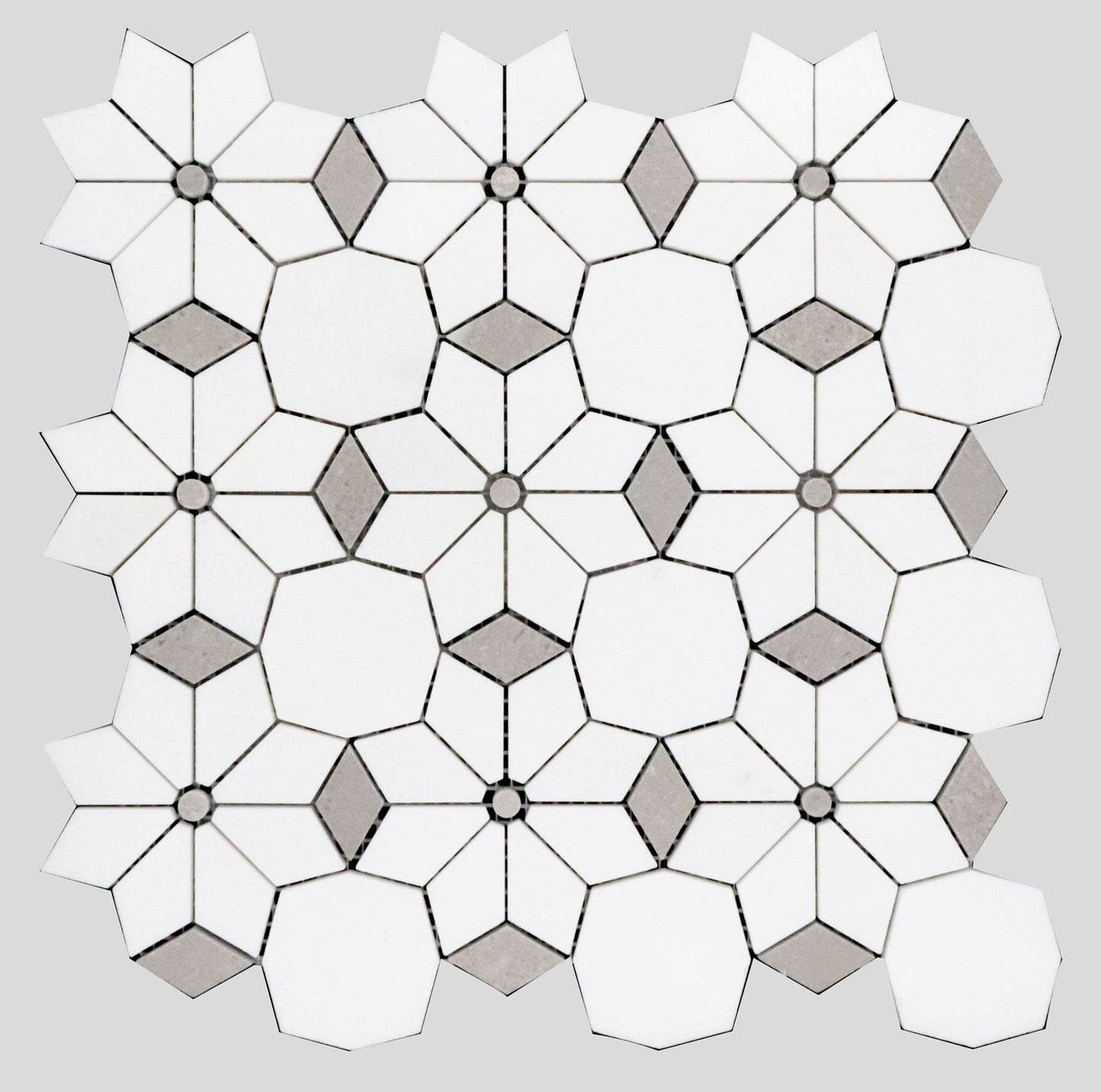 Thassos & Grey Diamond Flower Marble Polished 12" x 12" 3/8" Waterjet Mosaic