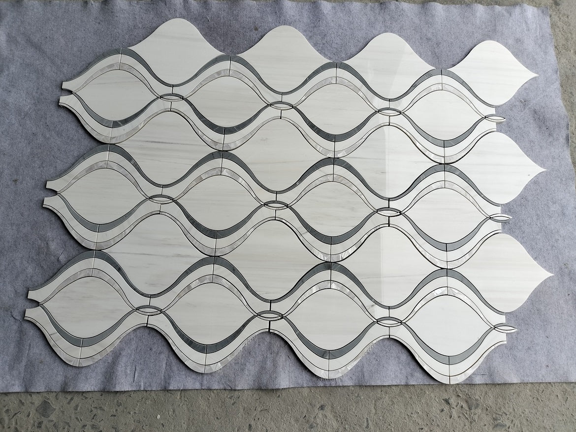 Dolomite, Bardiglio & Mother of Pearl Marble Polished 11" x 10" 3/8" Waterjet Mosaic