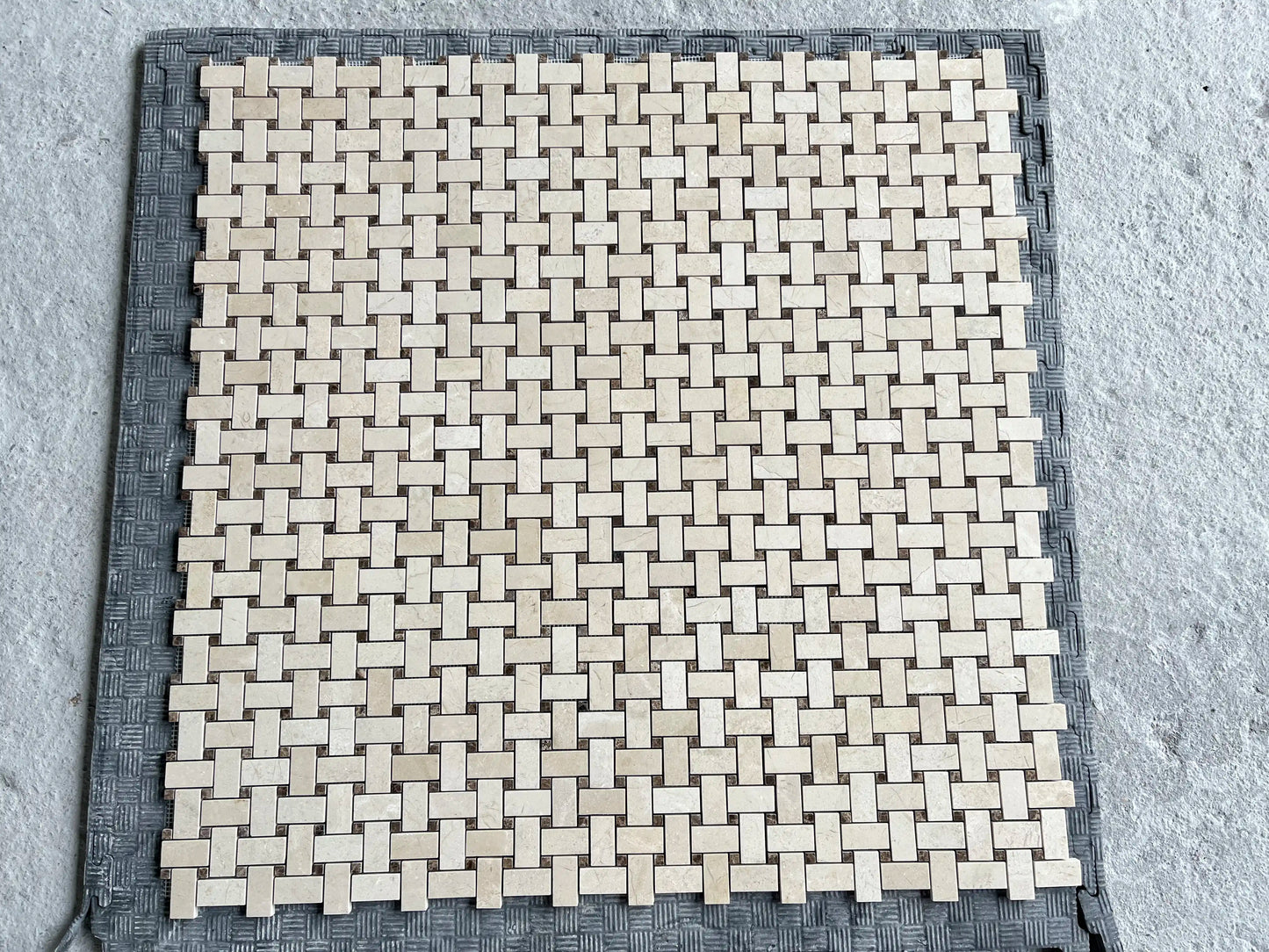 Crema Marfil Polished Basketweave Mosaic w/ Emp. Dark Dots Tile