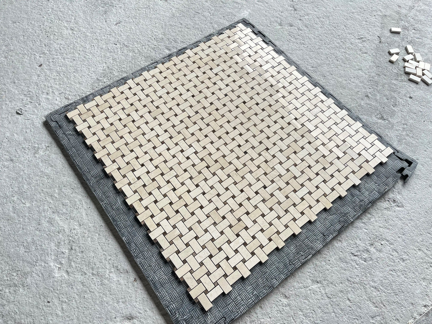 Crema Marfil Polished Basketweave Mosaic w/ Emp. Dark Dots Tile