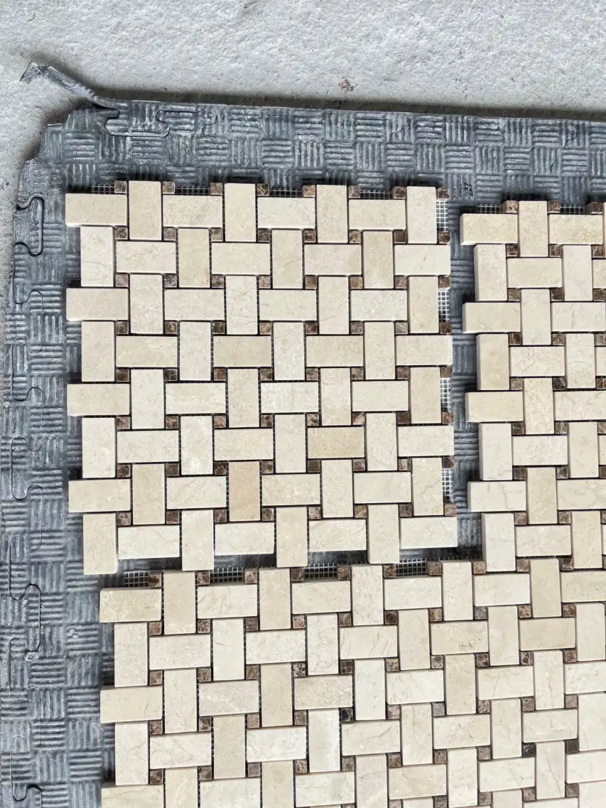 Crema Marfil Polished Basketweave Mosaic w/ Emp. Dark Dots Tile