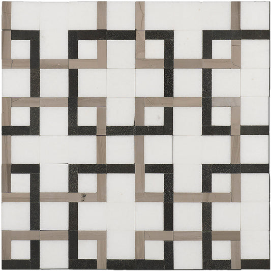 Thassos, Black & Grey Labyrinth Marble Polished 11" x 11" 3/8" Waterjet Mosaic
