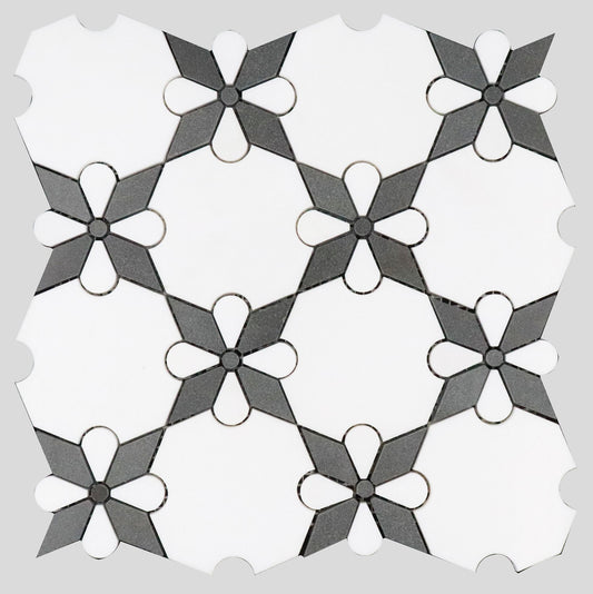 Thassos Black Rosettes Marble Polished 12" x 12" 3/8" Waterjet Mosaic
