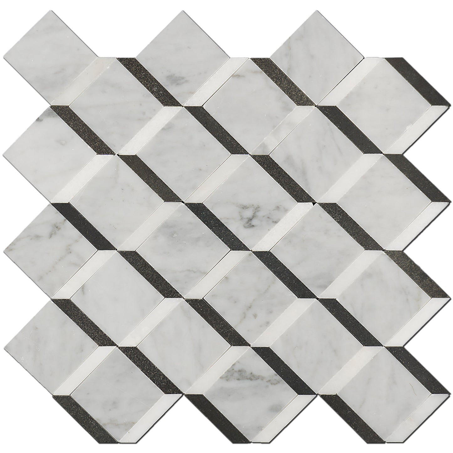 Carrara & Black 3D Cubes Marble Polished 11" x 12" 3/8" Waterjet Mosaic