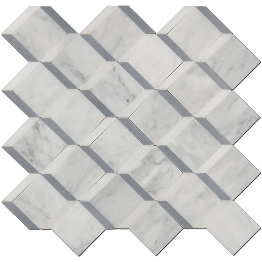 Carrara & Blue 3D Cubes Marble Polished 11" x 12" 3/8" Waterjet Mosaic