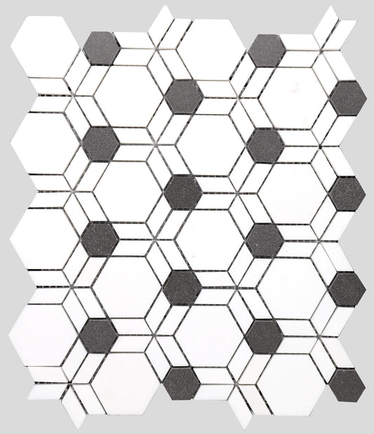 Thassos & Black Hexagon Illusion Marble Polished 10" x 12" 3/8" Waterjet Mosaic