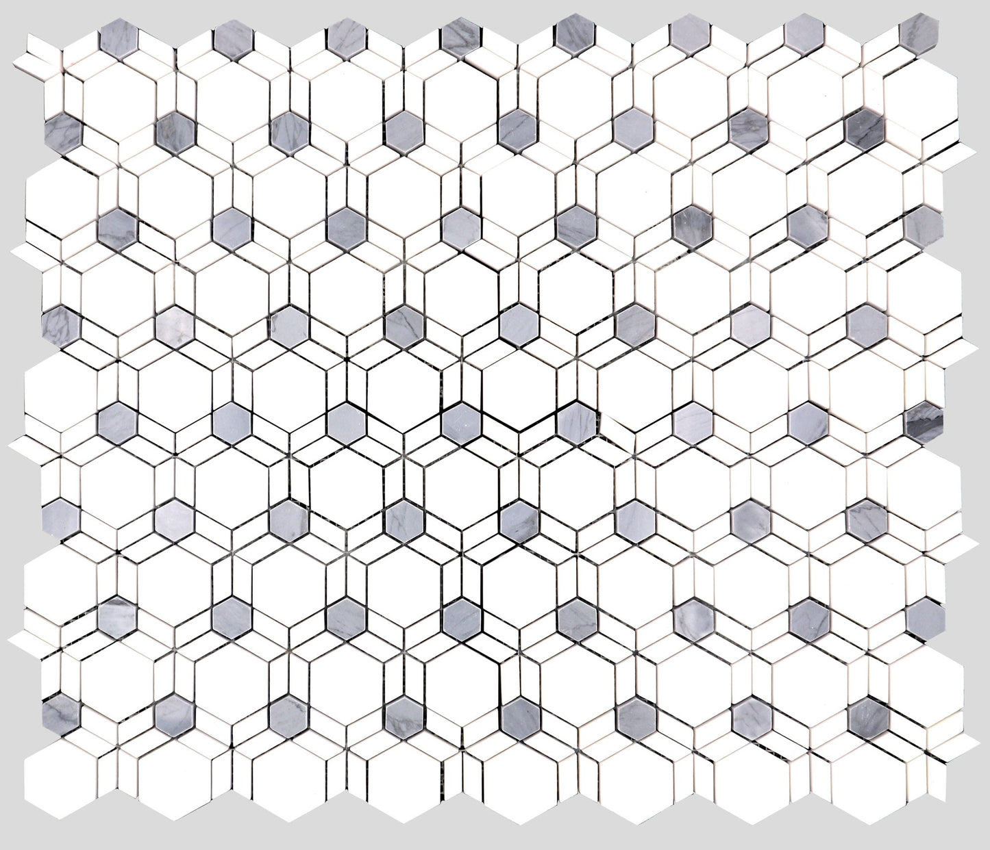 Thassos & Blue Hexagon Illusion Marble Polished 10" x 12" 3/8" Waterjet Mosaic