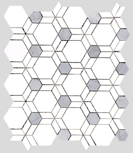 Thassos & Blue Hexagon Illusion Marble Polished 10" x 12" 3/8" Waterjet Mosaic